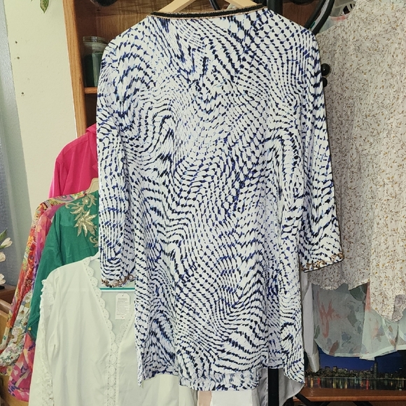 Soft Surroundings Blue, White, & Black w/ Ornate Beading Boho Tunic Blouse Top - Picture 8 of 11